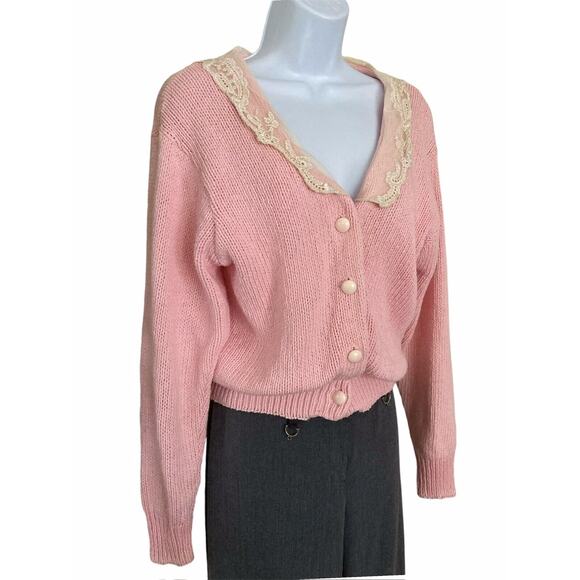 Vintage 80s Lace Collar Coquette Boho Cottage Preppy Pink Cardigan Sweater S - Picture 4 of 8